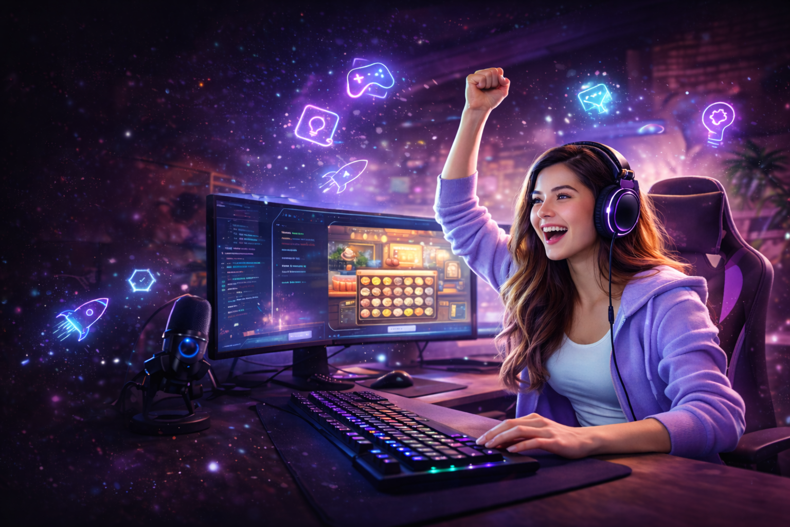 Gamer celebrating at desk with neon game icons